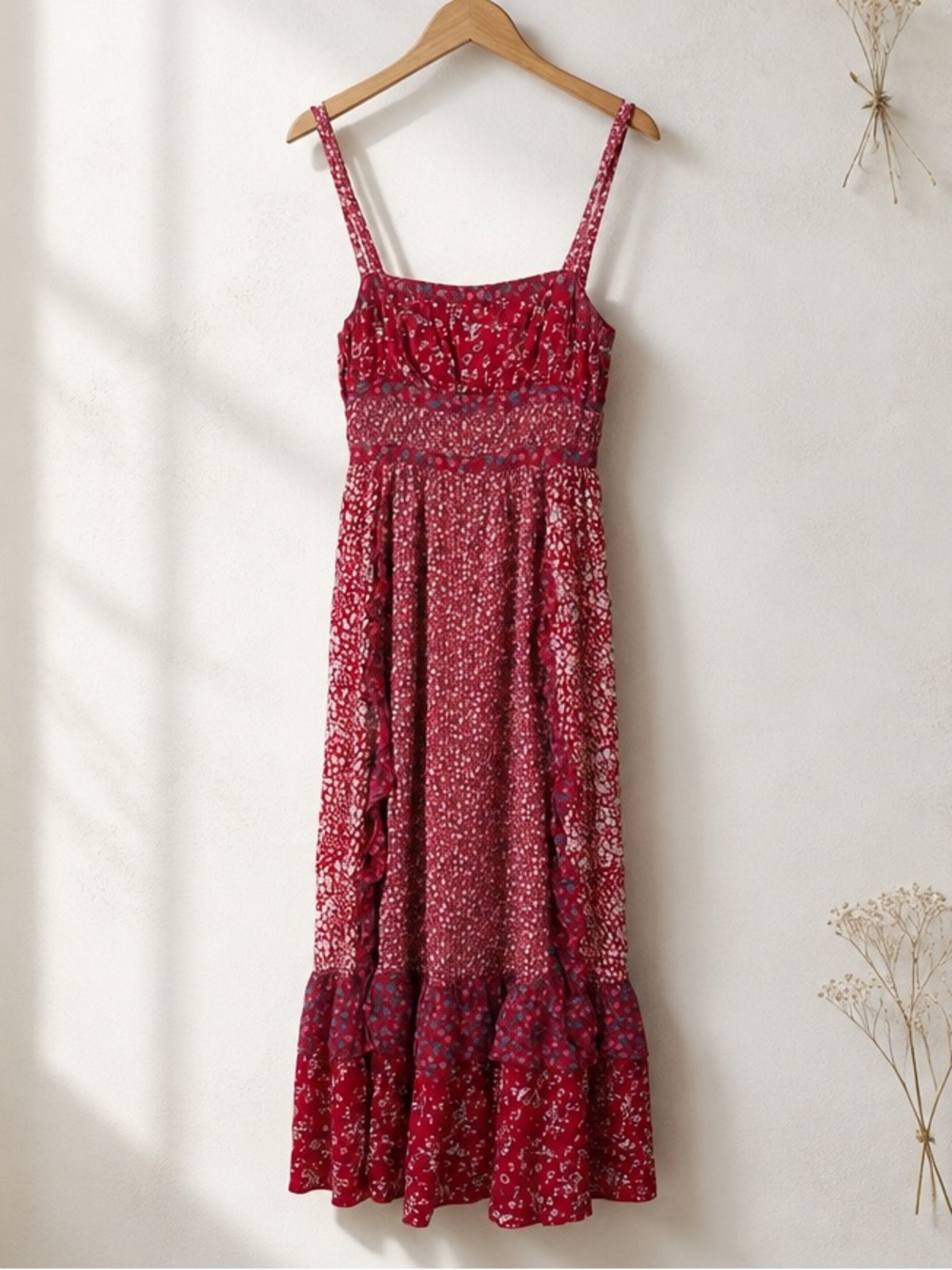 Free People Size 2 Red Floral Maxi Dress Ruffle Boho Tiered Cottagecore Sundress - Picture 1 of 8